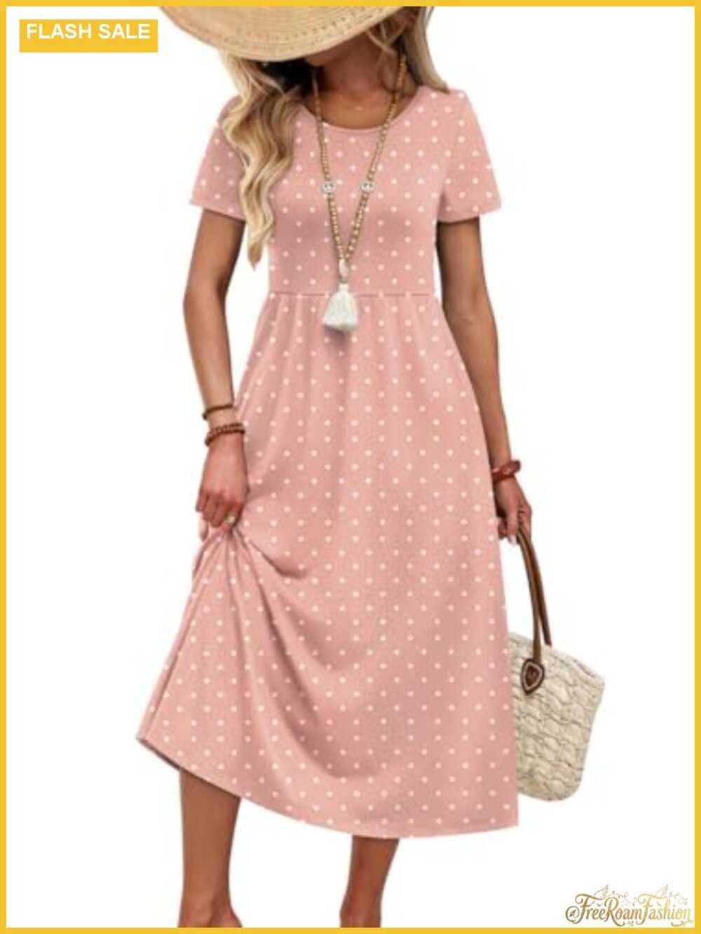 OFEEFAN Women's Flowy Midi Dress Crewneck Short Sleeve Casual Summer Beach